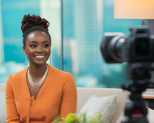 Smiling woman in orange dress being recorded on camera during interview in modern studio