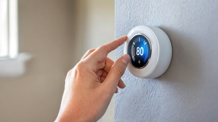 Homeowner adjusting thermostat on wall for energy efficiency