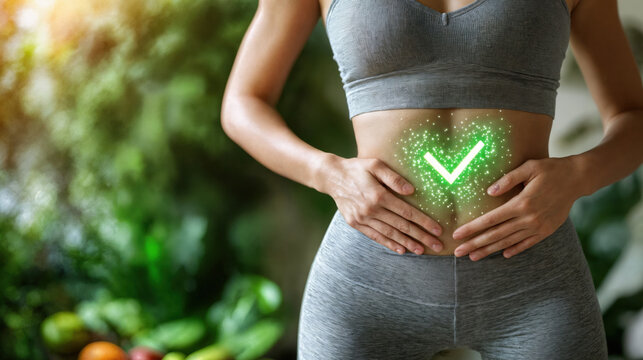 Woman showing good digestion with green check mark on stomach