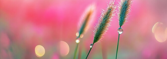 Two tall grasses with flower heads, against a pink and green background, with a water drop on the top