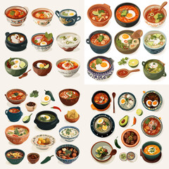 Hand-drawn collection of various soup bowls, ramen, and garnishes. Perfect for culinary content, menu illustration, or food-related merchandise.

