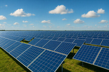 Large solar power farm under clear blue sky – Clean renewable energy concept