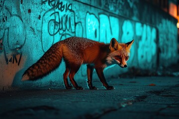 Urban fox walking among glowing graffiti