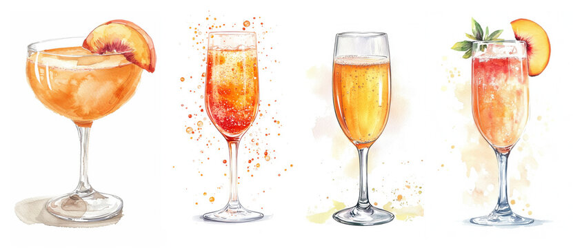 Set of four watercolor illustrations of Bellini cocktail in various glasses with peach garnish and orange-pink sparkling liquid on white background. Hand-painted summer drink artwork.