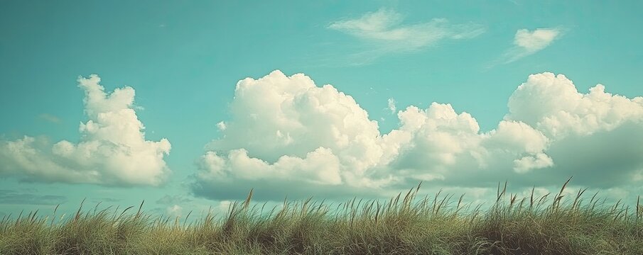 Vast sky with fluffy clouds over a grassy field - Powered by Adobe
