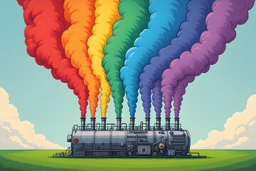 Whimsical Illustration of Large Industrial Machine with Multiple Smokestacks Emitting Colorful Smoke