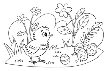Obraz premium Newly hatched Easter chicken in the garden coloring page