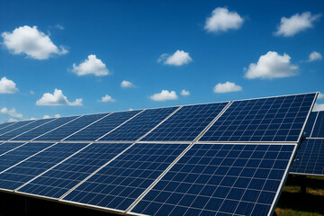 Diagonal view of solar panel rows under clear blue sky with soft clouds. Concept of clean energy, sustainable power, and modern eco-friendly technology.