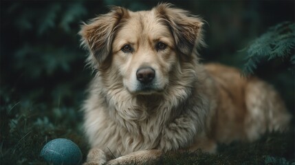 Dog rests in field calmly.