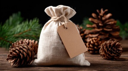 Light beige burlap gift bag with a blank tag.