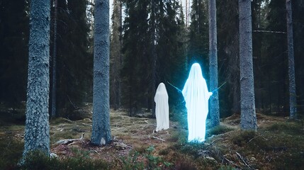 Ghosts haunt forest landscape eerily glowing