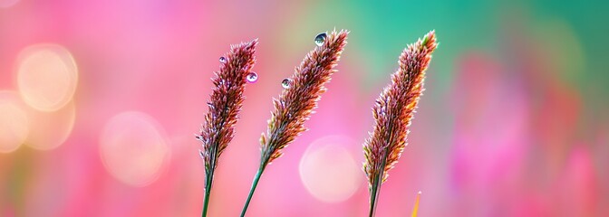Two tall grasses with flower heads, against a pink and green background, with a water drop on the top
