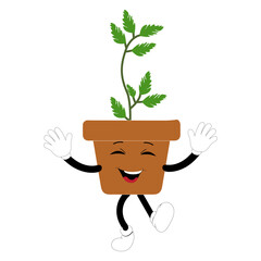 Smiling cartoon plant in pot with arms and legs, isolated plant potted sticker with cute face walking, funny psychedelic floral mascot with green leaf and smile, plant with arms and legs