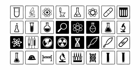 Science Research and Medical Experiment Outline Icon Collection. Chemistry, Biology, Pharmacy, Healthcare, Innovation, and Analysis Elements. Vector Pack