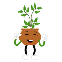 Smiling cartoon plant in pot with arms and legs, isolated plant potted sticker with cute face walking, funny psychedelic floral mascot with green leaf and smile, plant with arms and legs