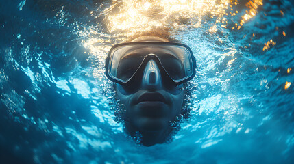 Naklejka premium Underwater portrait of woman wearing diving mask with air bubbles and sunlight above