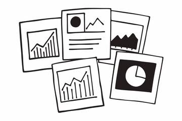 Doodle Style Data Analysis and Financial Report Outline Icon Collection. Statistics, Presentation, Growth, Market, and Information Elements. Black and White Sketch.