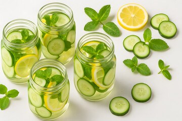 Refreshing Cucumber and Lemon Infused Water in Mason Jars, a Healthy and Hydrating Beverage for Summer