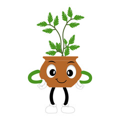 Smiling cartoon plant in pot with arms and legs, isolated plant potted sticker with cute face walking, funny psychedelic floral mascot with green leaf and smile, plant with arms and legs