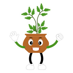 Smiling cartoon plant in pot with arms and legs, isolated plant potted sticker with cute face walking, funny psychedelic floral mascot with green leaf and smile, plant with arms and legs