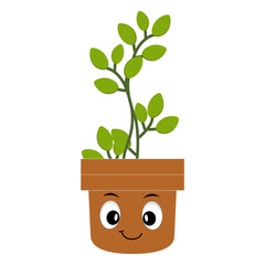 Smiling cartoon plant in pot with arms and legs, isolated plant potted sticker with cute face walking, funny psychedelic floral mascot with green leaf and smile, plant with arms and legs