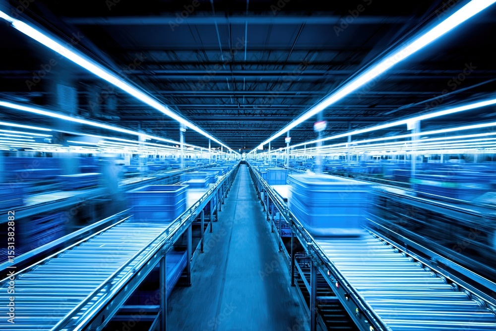 Poster conveyor system operates in a modern warehouse filled with bright artificial lights and efficient ma