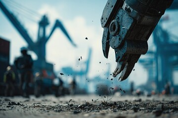 Industrial robotic arm working in busy shipping yard during daylight near waterfront