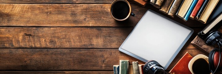 A workspace featuring a wooden table, books, a tablet, coffee, and headphones