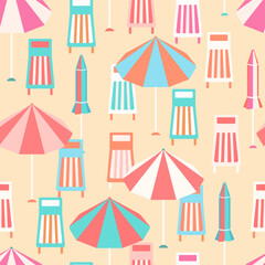 Summer beach vacation vector seamless pattern. Colorful striped parasols, loungers and folded umbrellas on beige sand background. Cute coastal holiday surface design in flat cartoon retro style