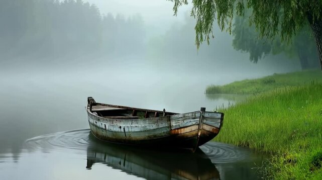 Misty lake scene with old wooden boat