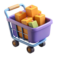 3d render shopping cart with boxes isolated on transparent background