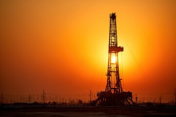 Obraz premium Oil drilling rig silhouetted against a vibrant sunset sky in the evening