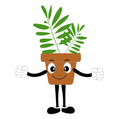 Smiling cartoon plant in pot with arms and legs, isolated plant potted sticker with cute face walking, funny psychedelic floral mascot with green leaf and smile, plant with arms and legs
