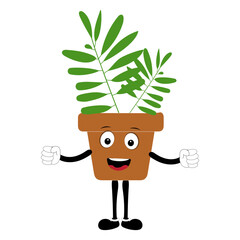 Smiling cartoon plant in pot with arms and legs, isolated plant potted sticker with cute face walking, funny psychedelic floral mascot with green leaf and smile, plant with arms and legs
