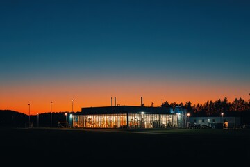 Modern building illuminated at dusk with vibrant sunset in the background