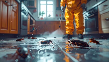 Pest Control Expert in Protective Gear Treating Kitchen Infestation