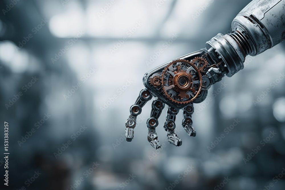 Poster intricate robotic hand showcases advanced mechanics and design in a futuristic workshop setting