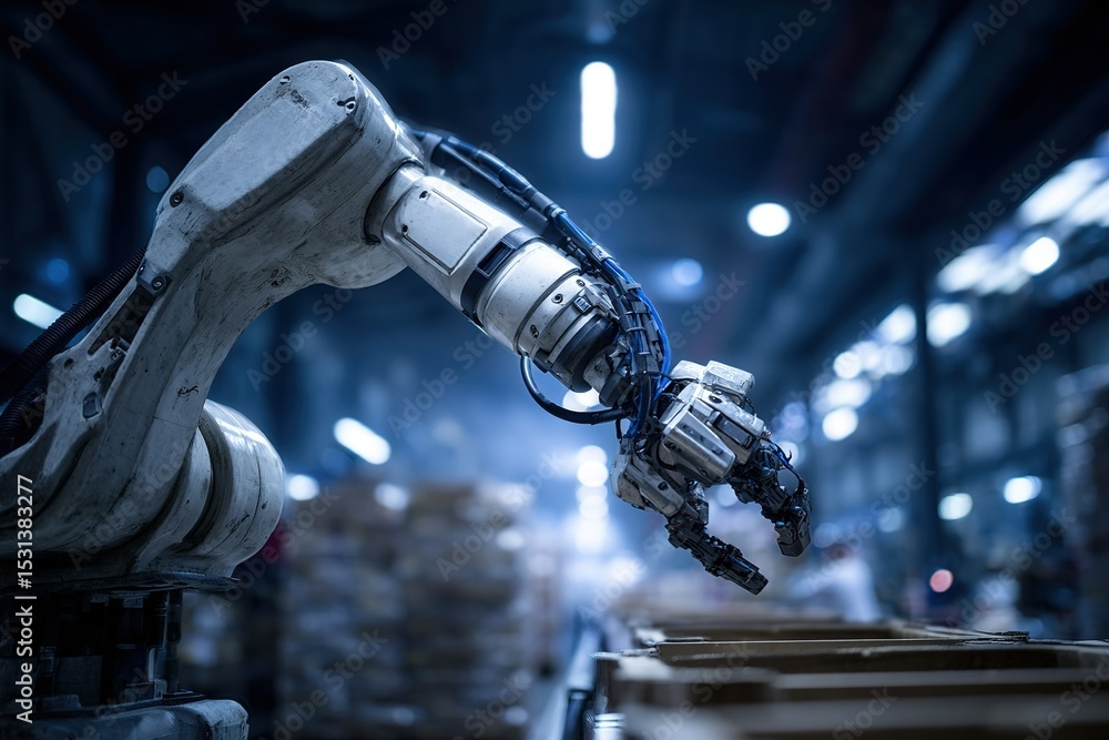 Aufkleber advanced robotic arm working in industrial warehouse during night shift for efficient automation pro