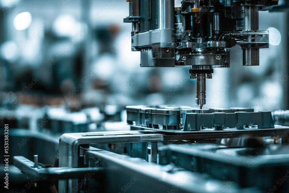 Poster high-tech robotic arm working in an assembly line during a manufacturing process