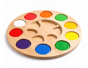 Round Wooden Palette with Bright Paints for Artistic Creations
