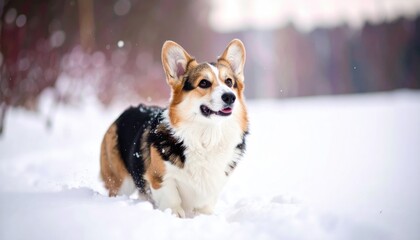 Playful Corgi Dog in Snowy Winter Landscape Running with Joy