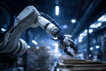 Advanced robotic arm working in industrial warehouse during night shift for efficient automation process