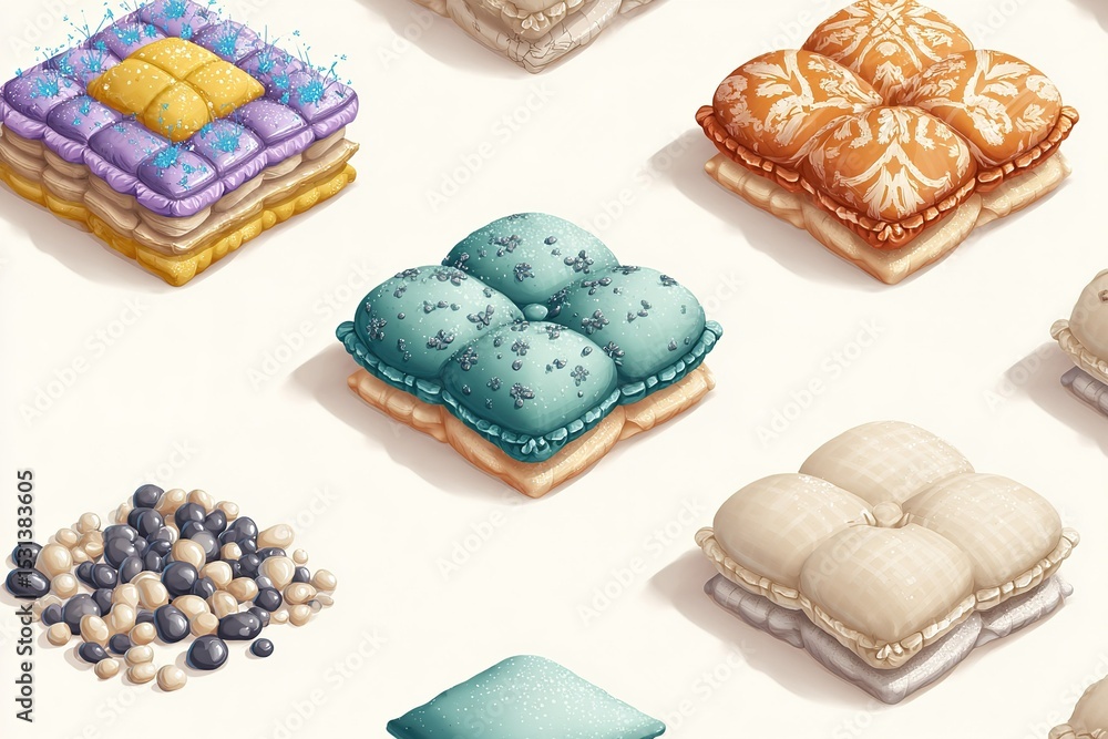 Poster Various colorful cushions arranged on a soft surface demonstrating diverse textures and patterns in a natural setting