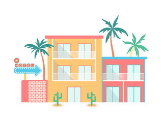 Retro summer hotel vector illustration. Colorful vacation building with balconies, palm trees, cactus, vintage sign isolated on white background. Beach resort flat design, tropical tourism concept