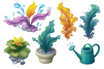 Colorful water plants with vibrant leaves and a watering can in a whimsical garden setting