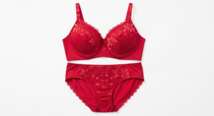 Elegant red lace lingerie set consisting of bra and matching panties on white background