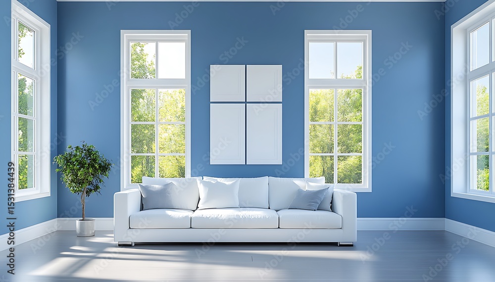 Poster blue empty room with window and parquet floor. 3d rendering