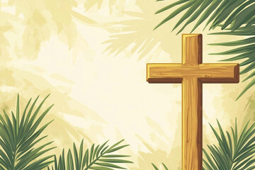Palm Sunday Illustration Wooden Cross and Palm Branches Background