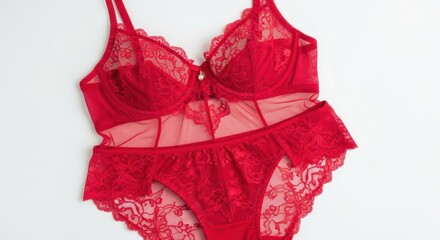 Elegant red lace lingerie set featuring a bra and matching panties on white background