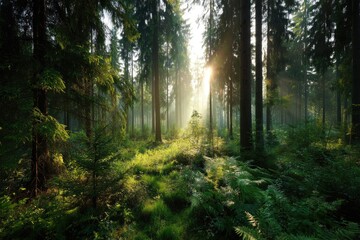 Obraz premium Sunbeams pierce a misty forest (1)